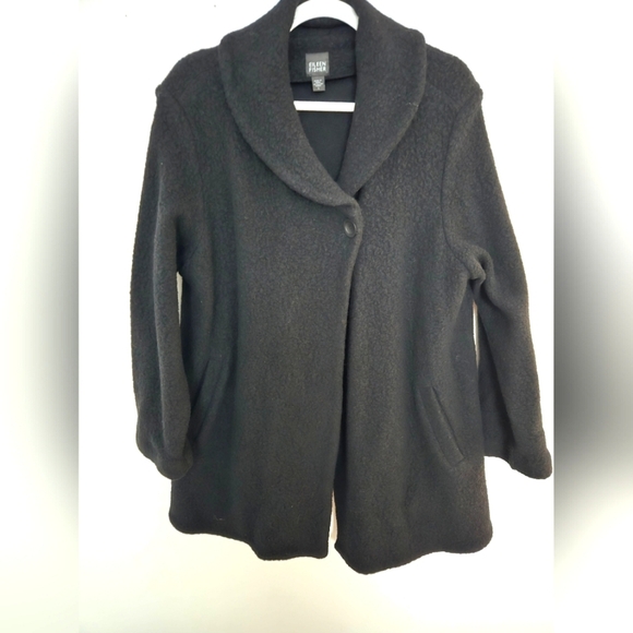Eileen Fisher Black wool blend single button winter coat | size large - Picture 1 of 9